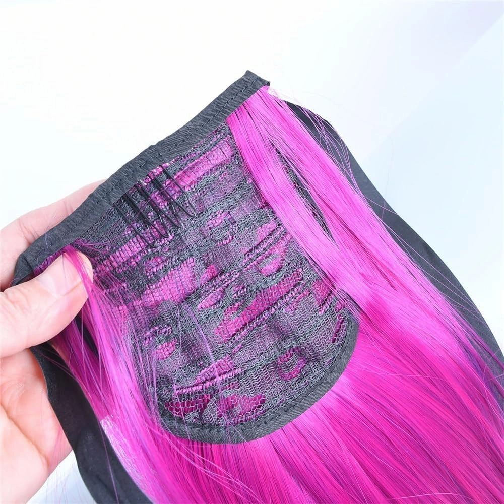 Ponytail Extension， Synthetic Ponytails Rainbow Colorful Hair Extension Ribbon Drawstring Straight Ponytail Cosplay Hairpiece,Hair Pieces for Women(Brown Gradient Bright red)