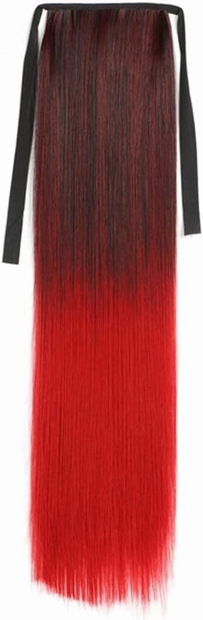 Ponytail Extension， Synthetic Ponytails Rainbow Colorful Hair Extension Ribbon Drawstring Straight Ponytail Cosplay Hairpiece,Hair Pieces for Women(Brown Gradient Bright red)