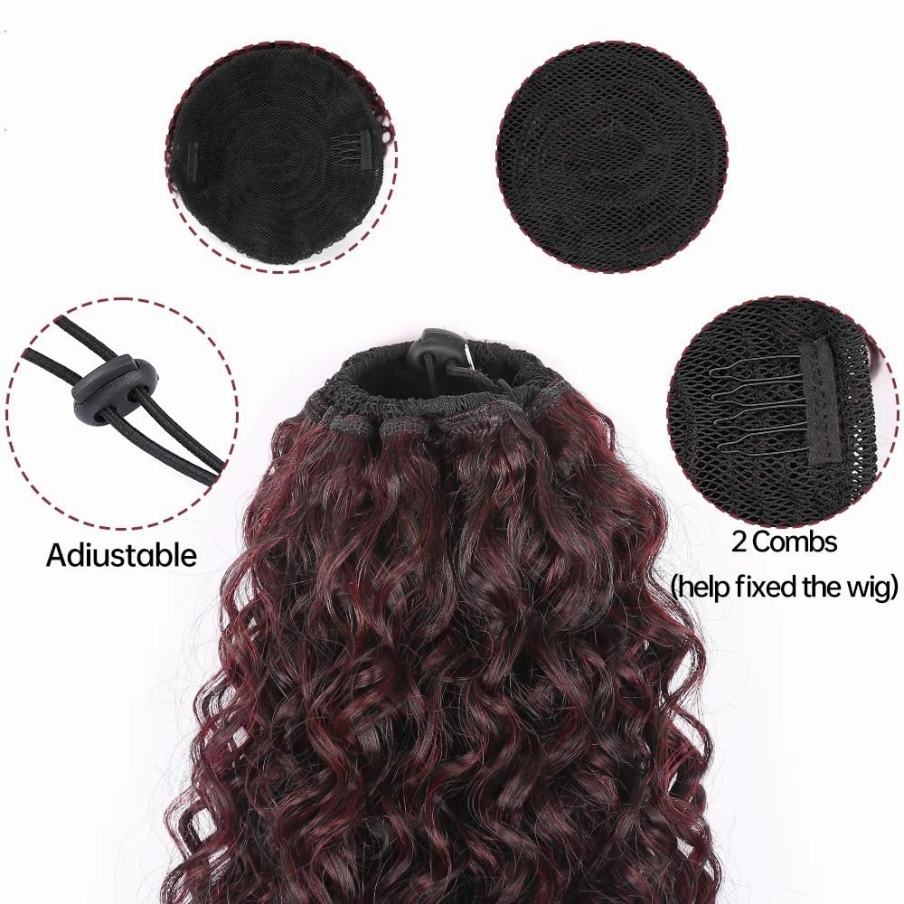 Ponytail extension， Women's Long Synthetic Wrap Drawstring Ponytail Extension Afro Kinky Curly Style,Hair pieces for women(Black red)