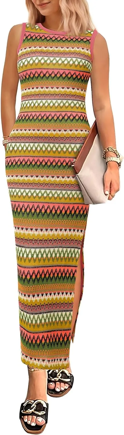 PRETTYGARDEN Womens Maxi Tank Spring Dress Sleeveless Crew Neck Striped Side Slit Casual Long Bodycon Dresses