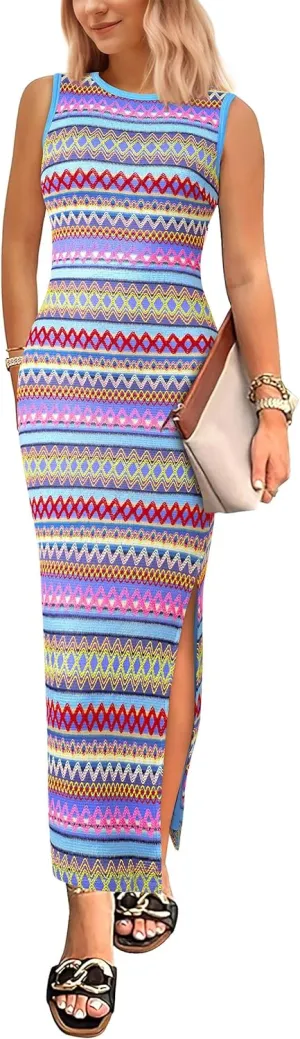 PRETTYGARDEN Womens Maxi Tank Spring Dress Sleeveless Crew Neck Striped Side Slit Casual Long Bodycon Dresses