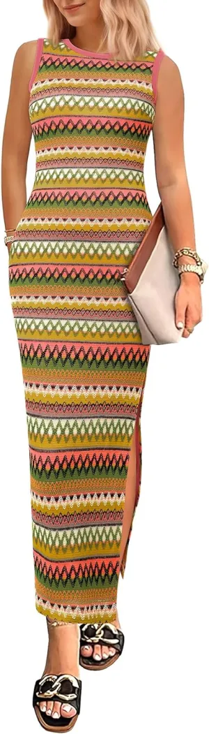 PRETTYGARDEN Womens Maxi Tank Spring Dress Sleeveless Crew Neck Striped Side Slit Casual Long Bodycon Dresses
