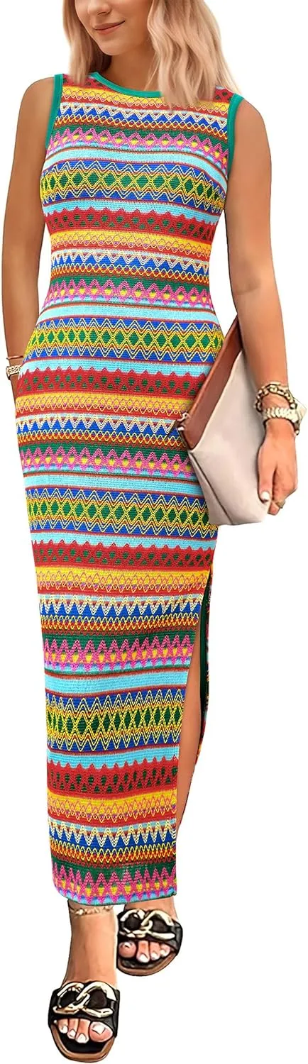 PRETTYGARDEN Womens Maxi Tank Spring Dress Sleeveless Crew Neck Striped Side Slit Casual Long Bodycon Dresses