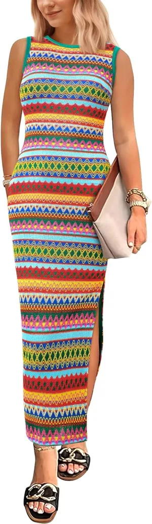 PRETTYGARDEN Womens Maxi Tank Spring Dress Sleeveless Crew Neck Striped Side Slit Casual Long Bodycon Dresses