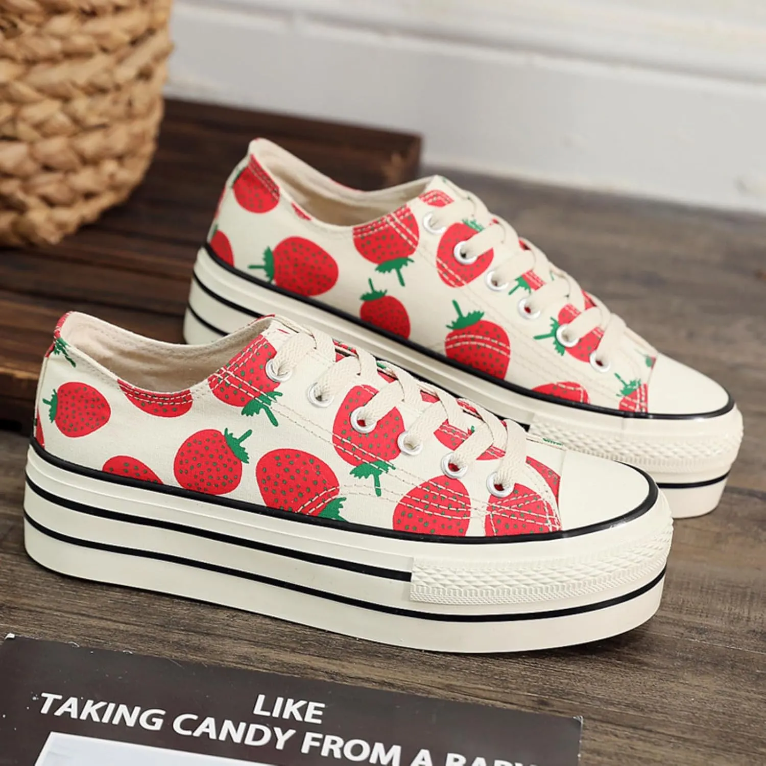 Print Leopard Y2K Sneakers Womens Strawberry Fashion Canvas Platform Sneakers with 1.77in Thick Sole Spring Summer Aesthetic Casual Shoes