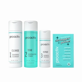 Proactiv 3 Step Acne Treatment w/ Pimple Patches - Benzoyl Peroxide Face Wash, Repairing Acne Spot Treatment for Face and Body, Exfoliating Toner - 90 Day Complete Acne Skin Care Kit   Pimple Patches