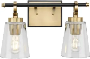Progress Lighting Cassell 14.5 in. 2-Light Vintage Brass and Matte Black Vanity Light with Clear Glass Shades for Bathroom