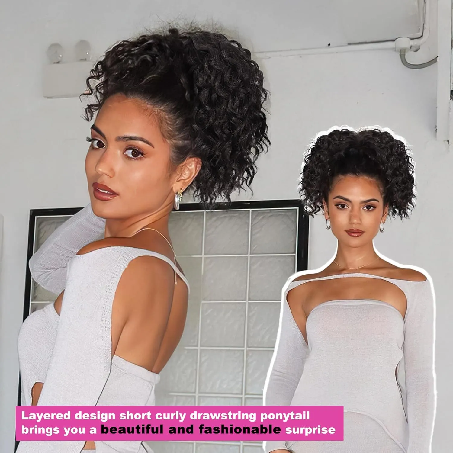 QGZ Curly Ponytail Extension,Drawstring Ponytail for Black Women 10 Inch Synthetic Short Hair Two Styles in One Versatile Pony Tails(Black Brown)