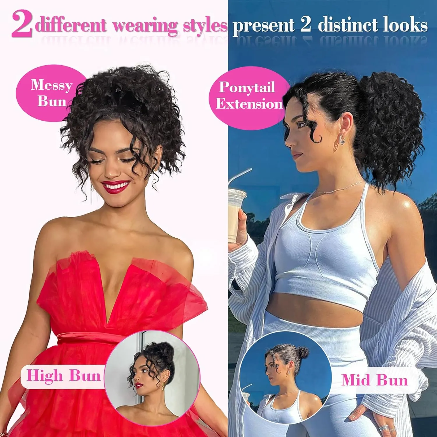 QGZ Curly Ponytail Extension,Drawstring Ponytail for Black Women 10 Inch Synthetic Short Hair Two Styles in One Versatile Pony Tails(Black Brown)