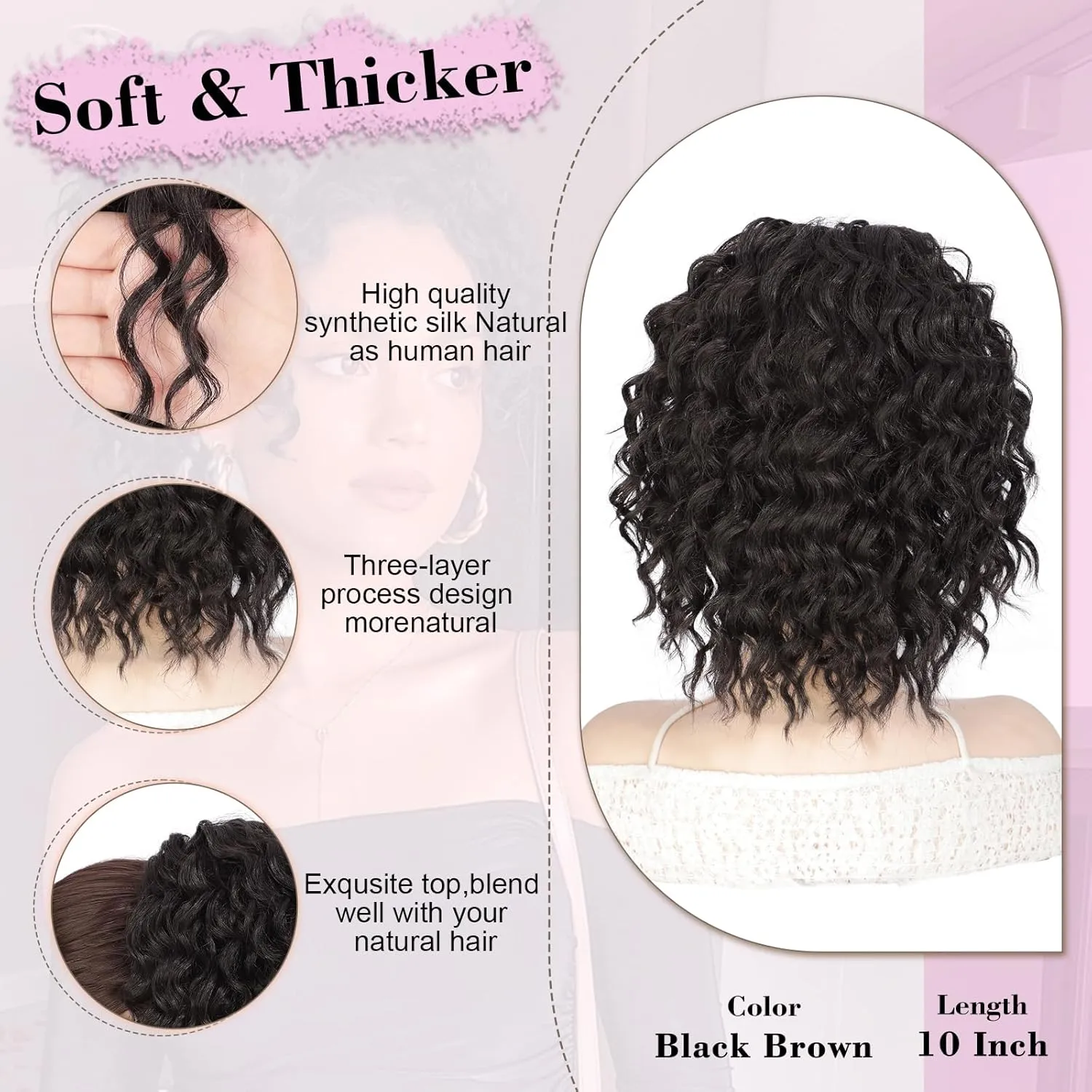 QGZ Curly Ponytail Extension,Drawstring Ponytail for Black Women 10 Inch Synthetic Short Hair Two Styles in One Versatile Pony Tails(Black Brown)