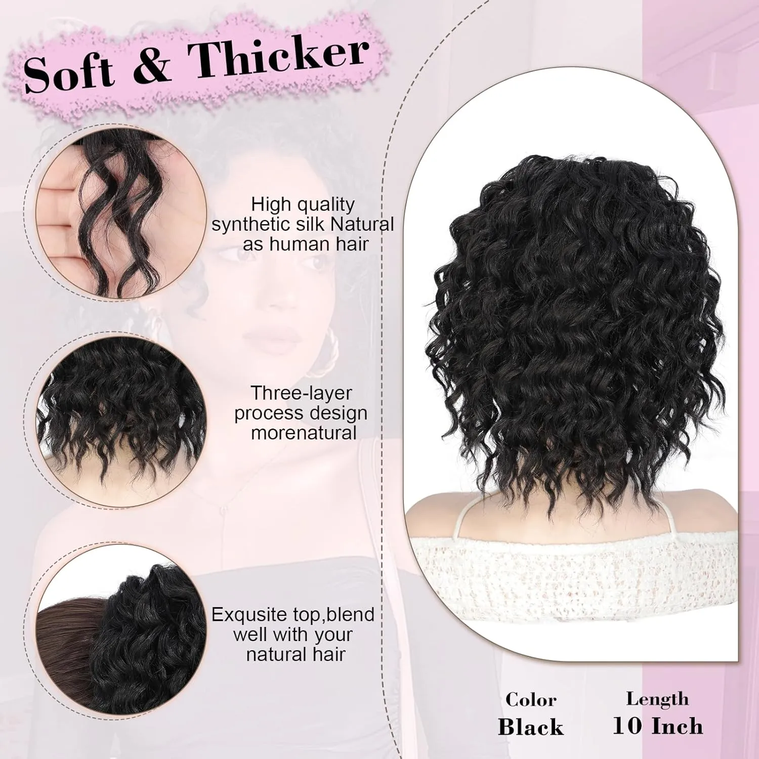 QGZ Curly Ponytail Extension,Drawstring Ponytail for Black Women 10 Inch Synthetic Short Hair Two Styles in One Versatile Pony Tails(Black)
