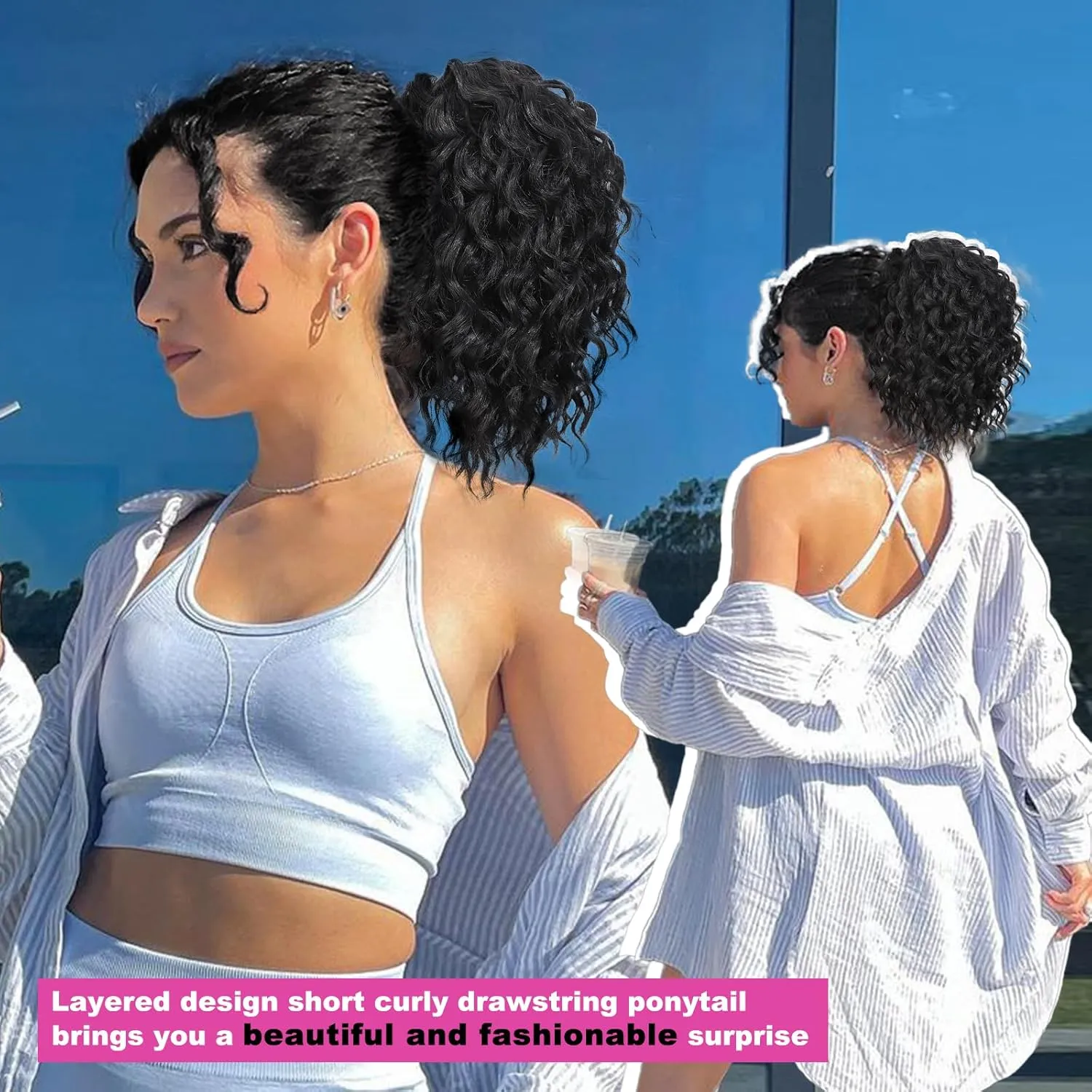 QGZ Curly Ponytail Extension,Drawstring Ponytail for Black Women 10 Inch Synthetic Short Hair Two Styles in One Versatile Pony Tails(Black)