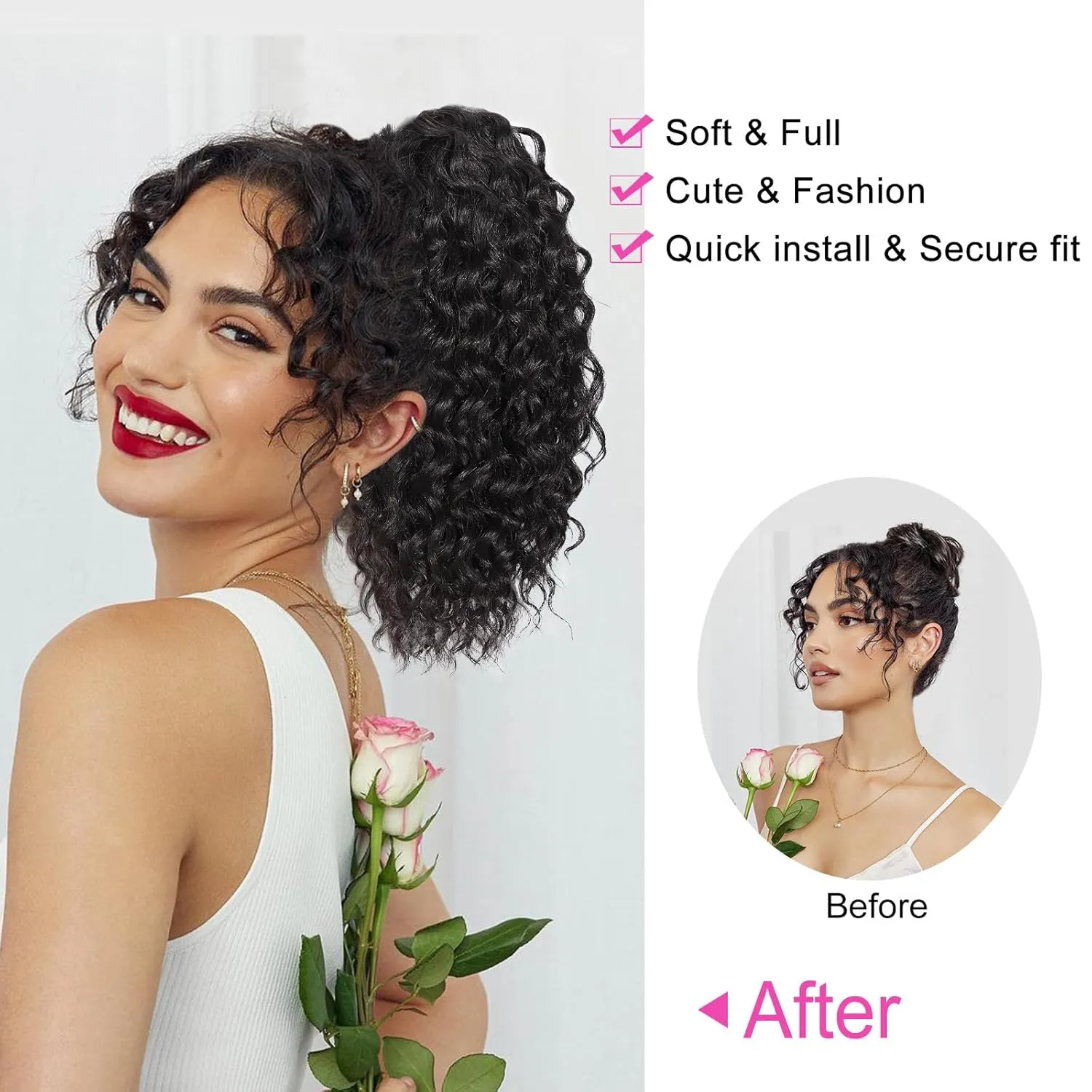 QGZ Curly Ponytail Extension,Drawstring Ponytail for Black Women 14 Inch Synthetic Short Wavy Curly Layered Pony Tails Hair Extensions for Daily Use(Reddish Brown)