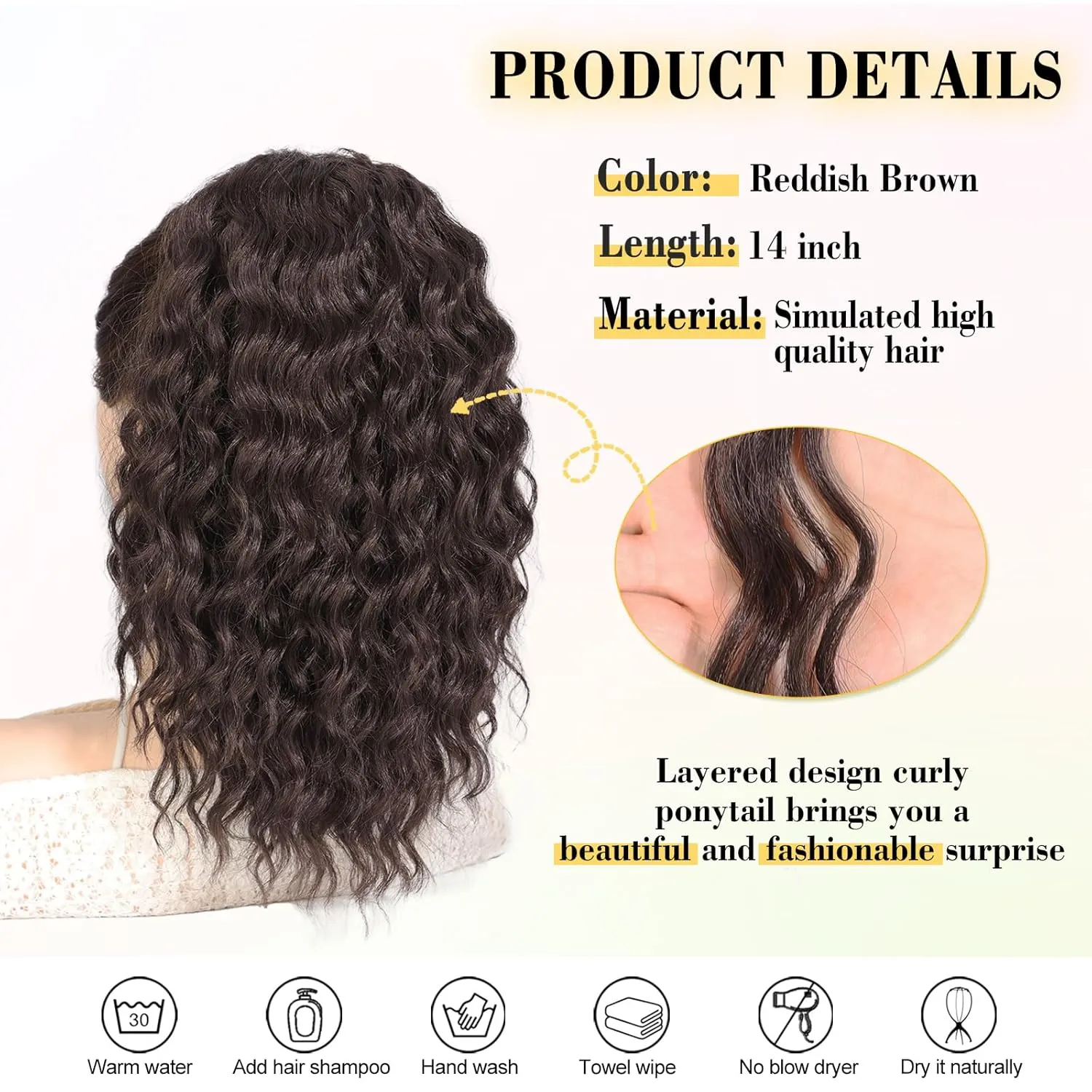 QGZ Curly Ponytail Extension,Drawstring Ponytail for Black Women 14 Inch Synthetic Short Wavy Curly Layered Pony Tails Hair Extensions for Daily Use(Reddish Brown)