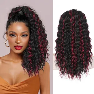 QGZ Ponytail Extension Drawstring Ponytail for Black Women 18 Inch Synthetic Long Afro Curly Fluffy Ponytail for Daily Use(Black with Burgundy Highlights)