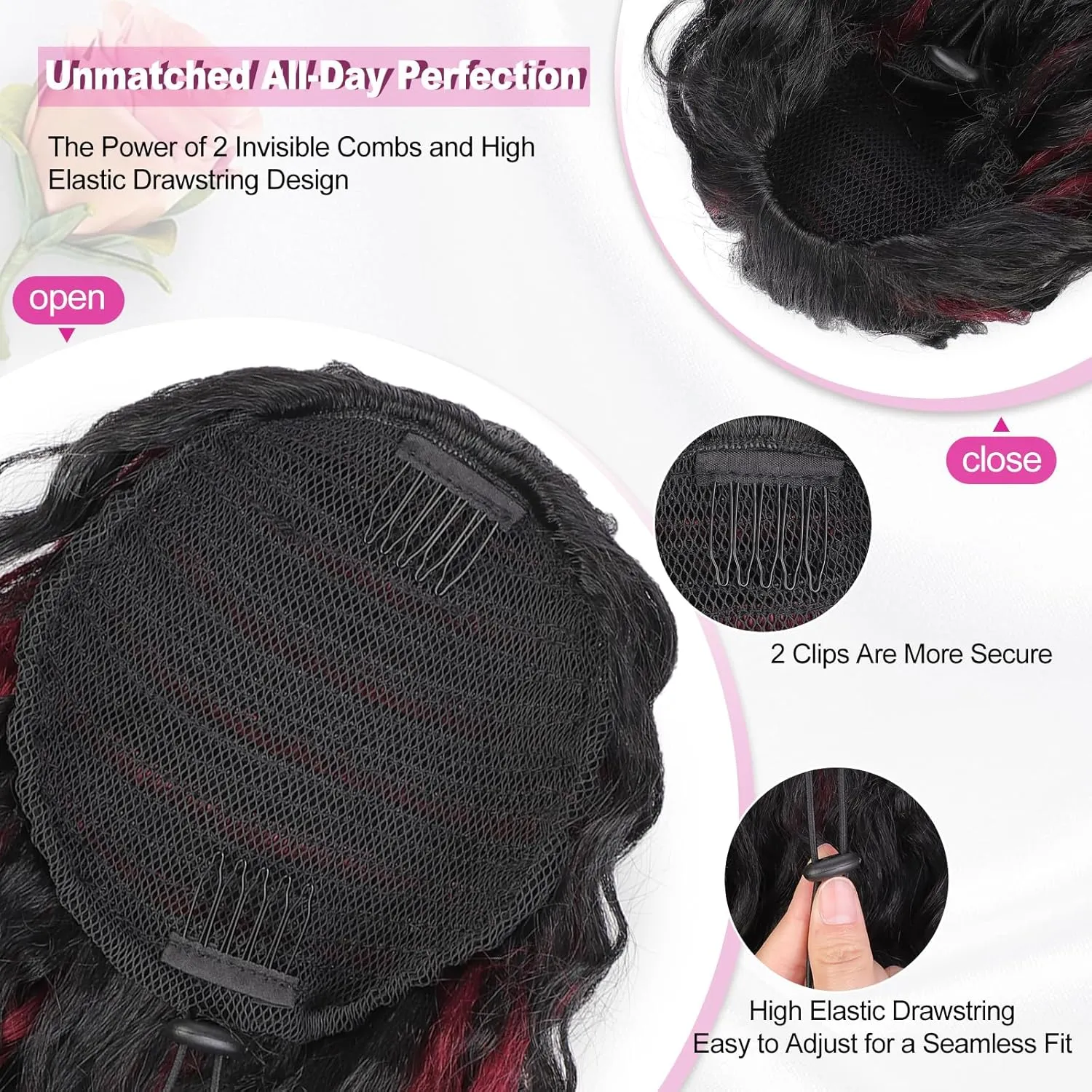 QGZ Ponytail Extension Drawstring Ponytail for Black Women 18 Inch Synthetic Long Afro Curly Fluffy Ponytail for Daily Use(Black with Burgundy Highlights)