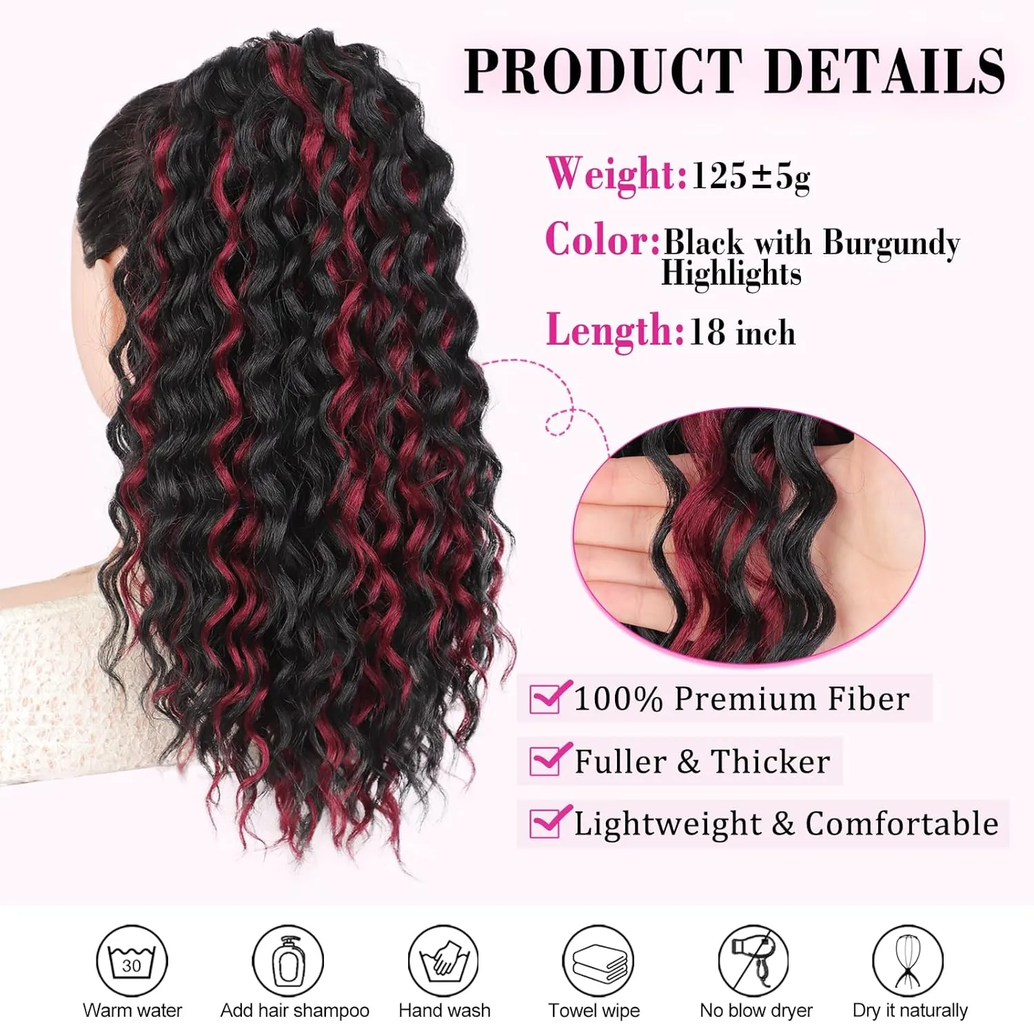 QGZ Ponytail Extension Drawstring Ponytail for Black Women 18 Inch Synthetic Long Afro Curly Fluffy Ponytail for Daily Use(Black with Burgundy Highlights)