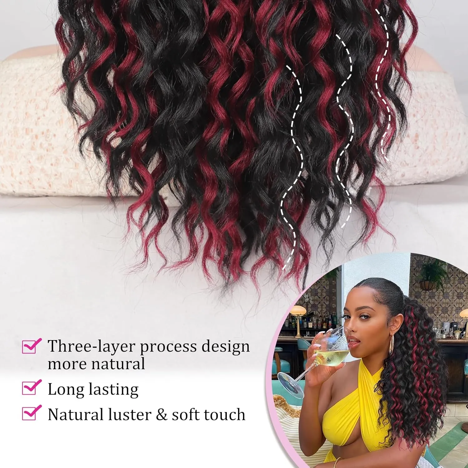 QGZ Ponytail Extension Drawstring Ponytail for Black Women 18 Inch Synthetic Long Afro Curly Fluffy Ponytail for Daily Use(Black with Burgundy Highlights)