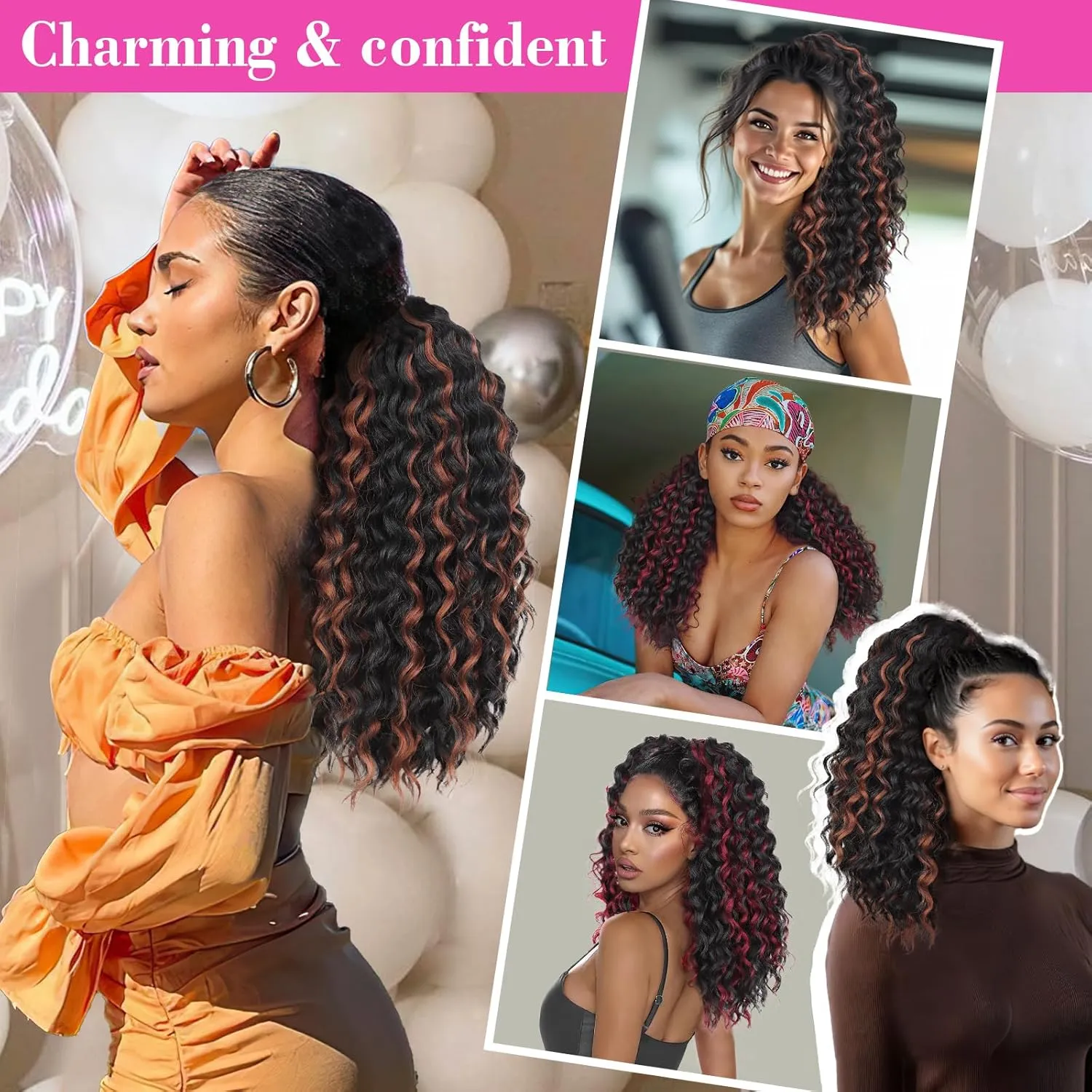 QGZ Ponytail Extension Drawstring Ponytail for Black Women 18 Inch Synthetic Long Afro Curly Fluffy Ponytail for Daily Use(Black with Burgundy Highlights)