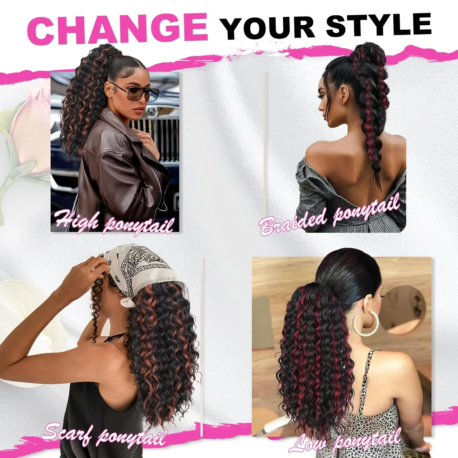 QGZ Ponytail Extension Drawstring Ponytail for Black Women 18 Inch Synthetic Long Afro Curly Fluffy Ponytail for Daily Use(Black with Burgundy Highlights)