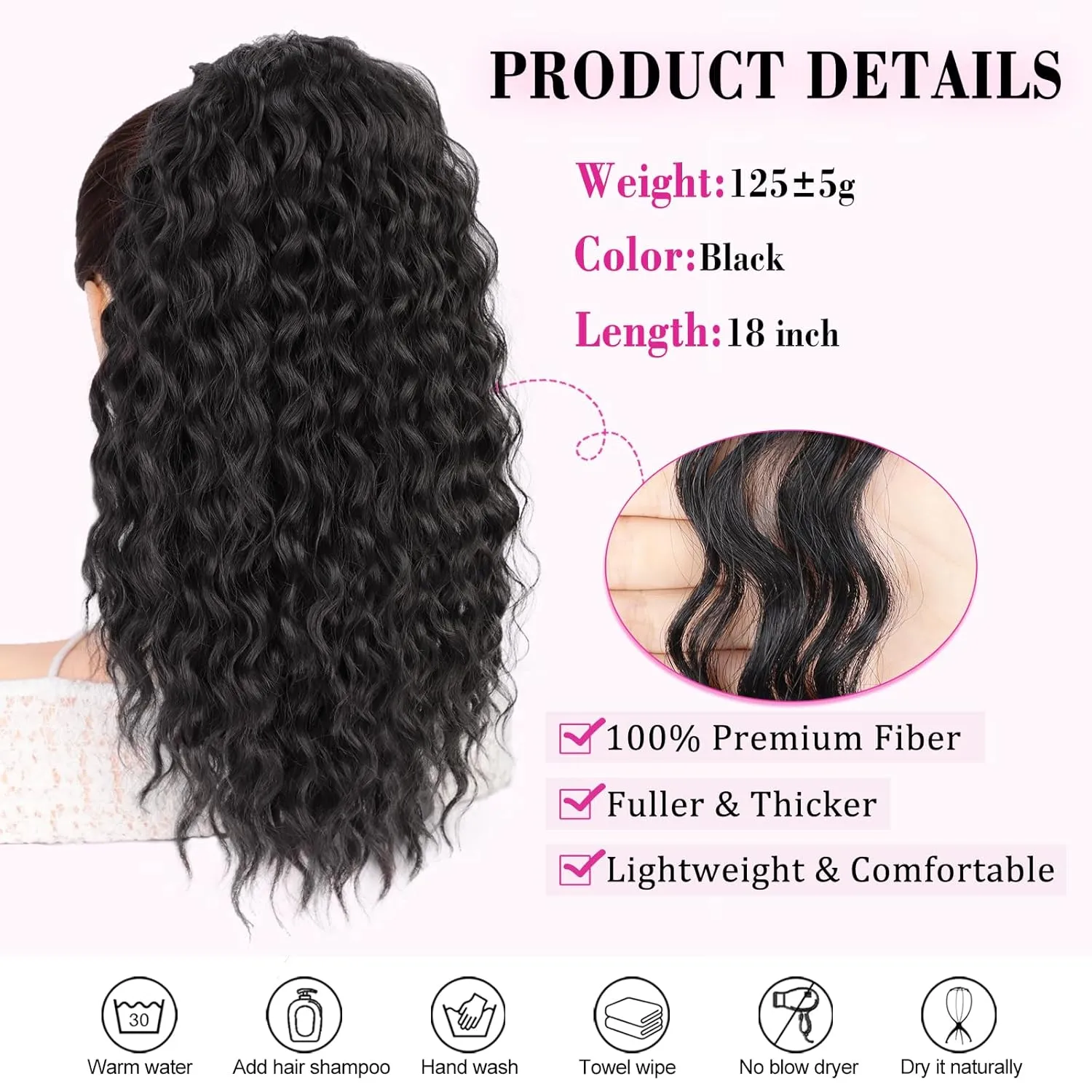 QGZ Ponytail Extension Drawstring Ponytail for Black Women 18 Inch Synthetic Long Afro Curly Fluffy Ponytail for Daily Use(Black)