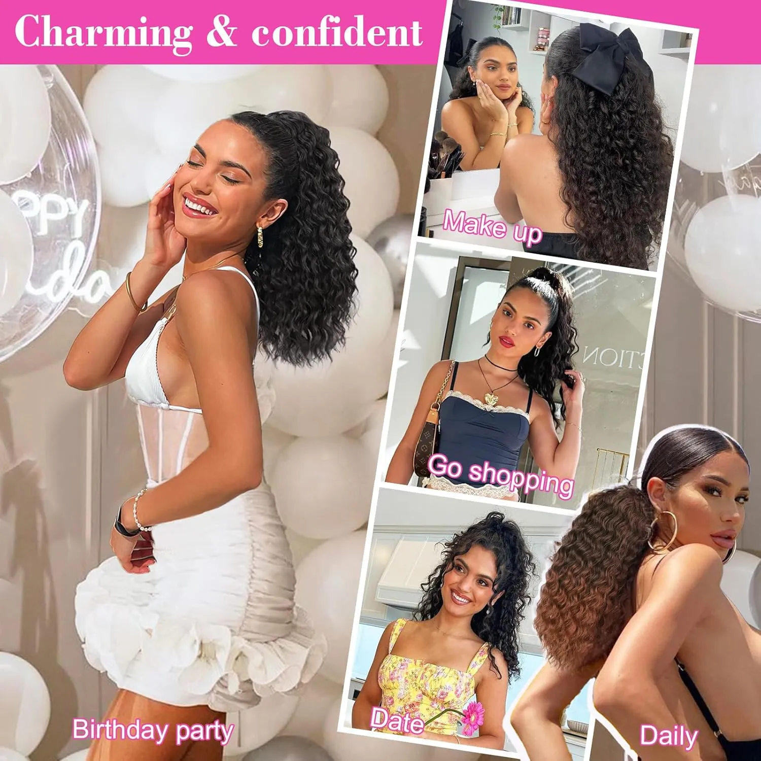 QGZ Ponytail Extension Drawstring Ponytail for Black Women 18 Inch Synthetic Long Afro Curly Fluffy Ponytail for Daily Use(Reddish Brown)