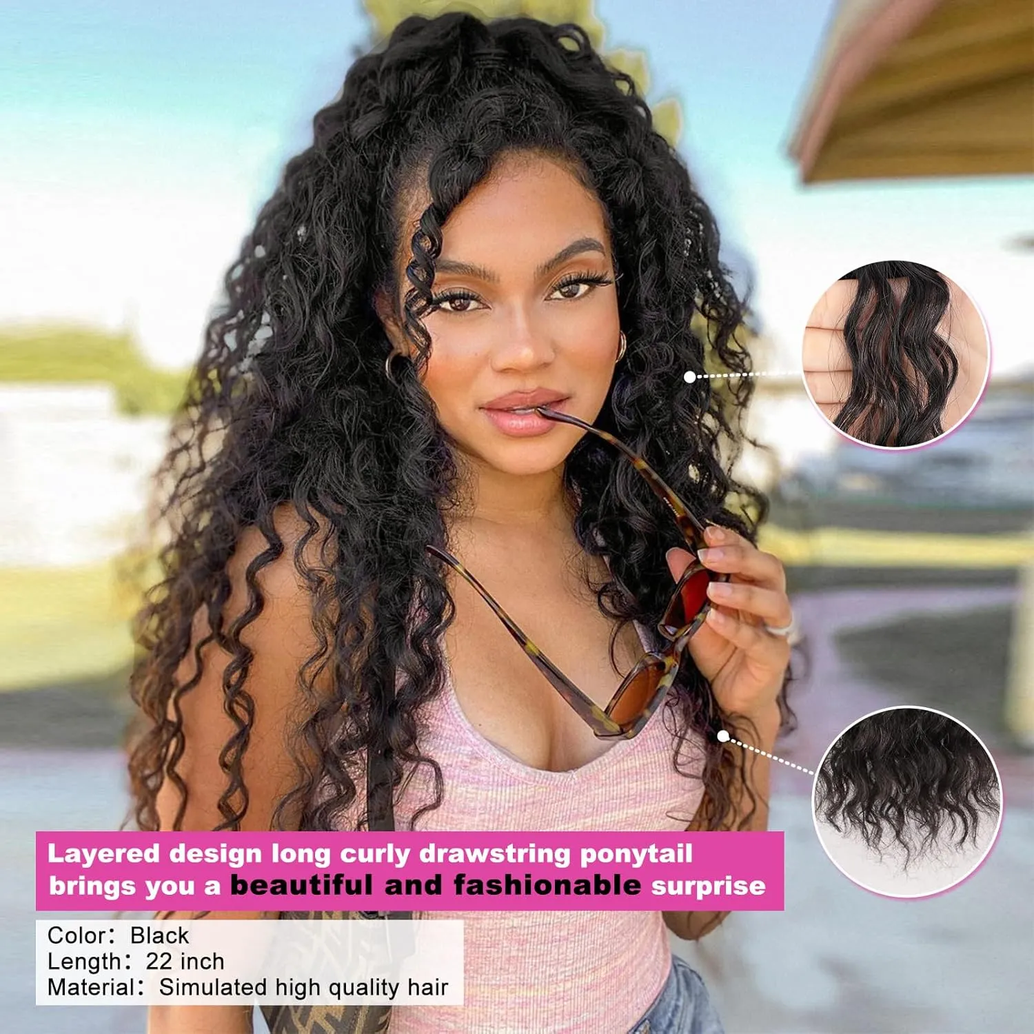 QGZ Ponytail Extension Drawstring Ponytail for Black Women 22 Inch Synthetic Long Curly Fluffy Pony Tails Hair Extensions for Daily Use(Black)