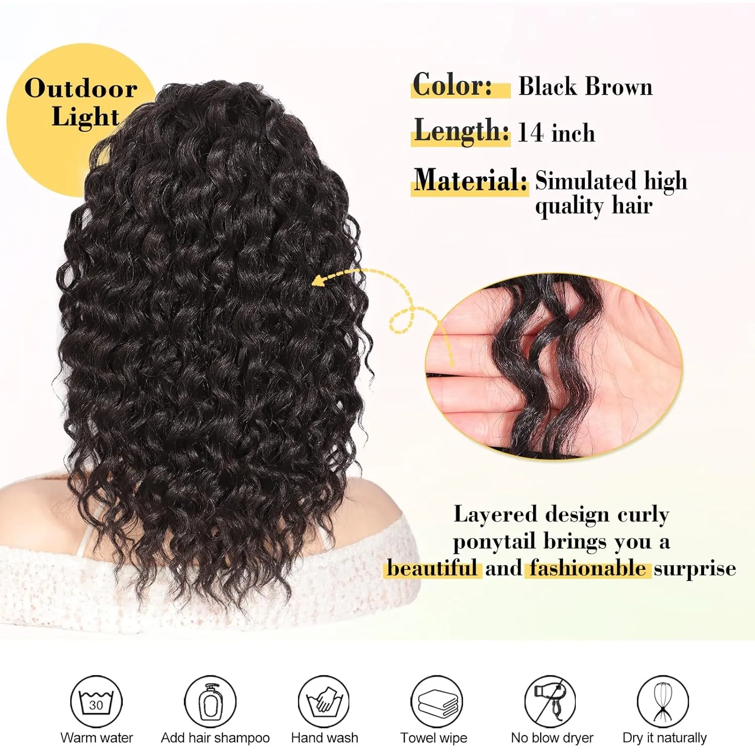 QGZ Ponytail Extension,Drawstring Ponytail for Black Women 14 Inch Synthetic Short Wavy Curly Fluffy Pony Tails Hair Extensions for Daily Use(Black Brown)
