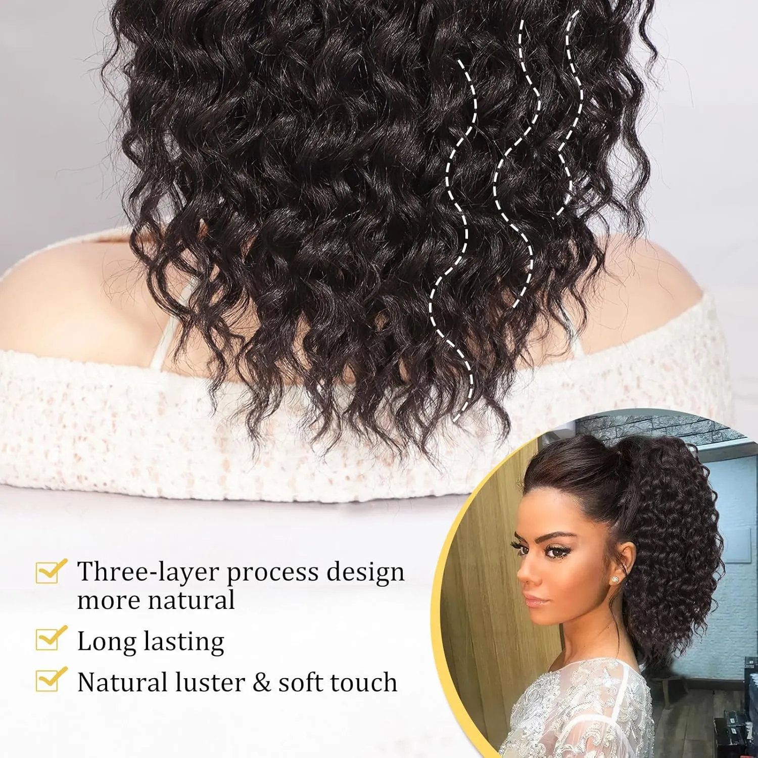 QGZ Ponytail Extension,Drawstring Ponytail for Black Women 14 Inch Synthetic Short Wavy Curly Fluffy Pony Tails Hair Extensions for Daily Use(Black Brown)