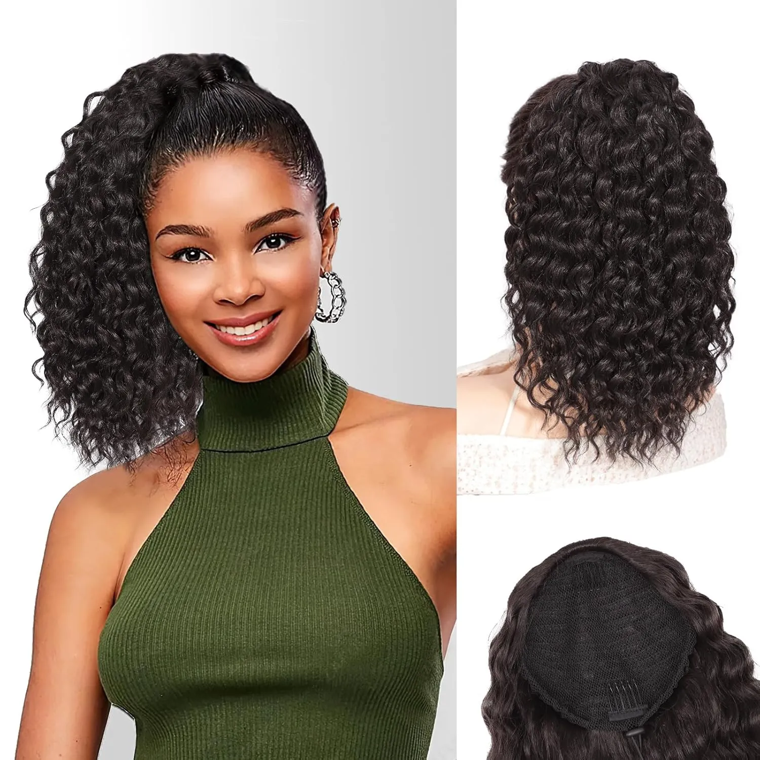 QGZ Ponytail Extension,Drawstring Ponytail for Black Women 14 Inch Synthetic Short Wavy Curly Fluffy Pony Tails Hair Extensions for Daily Use(Black Brown)