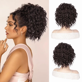 QGZ Curly Ponytail Extension,Drawstring Ponytail for Black Women 10 Inch Synthetic Short Hair Two Styles in One Versatile Pony Tails(Reddish Brown)