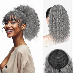 QGZ Ponytail Extension Drawstring Ponytail for Black Women 14 Inch Synthetic Long Afro Curly Fluffy Ponytail for Daily Use(Gray Mixed)