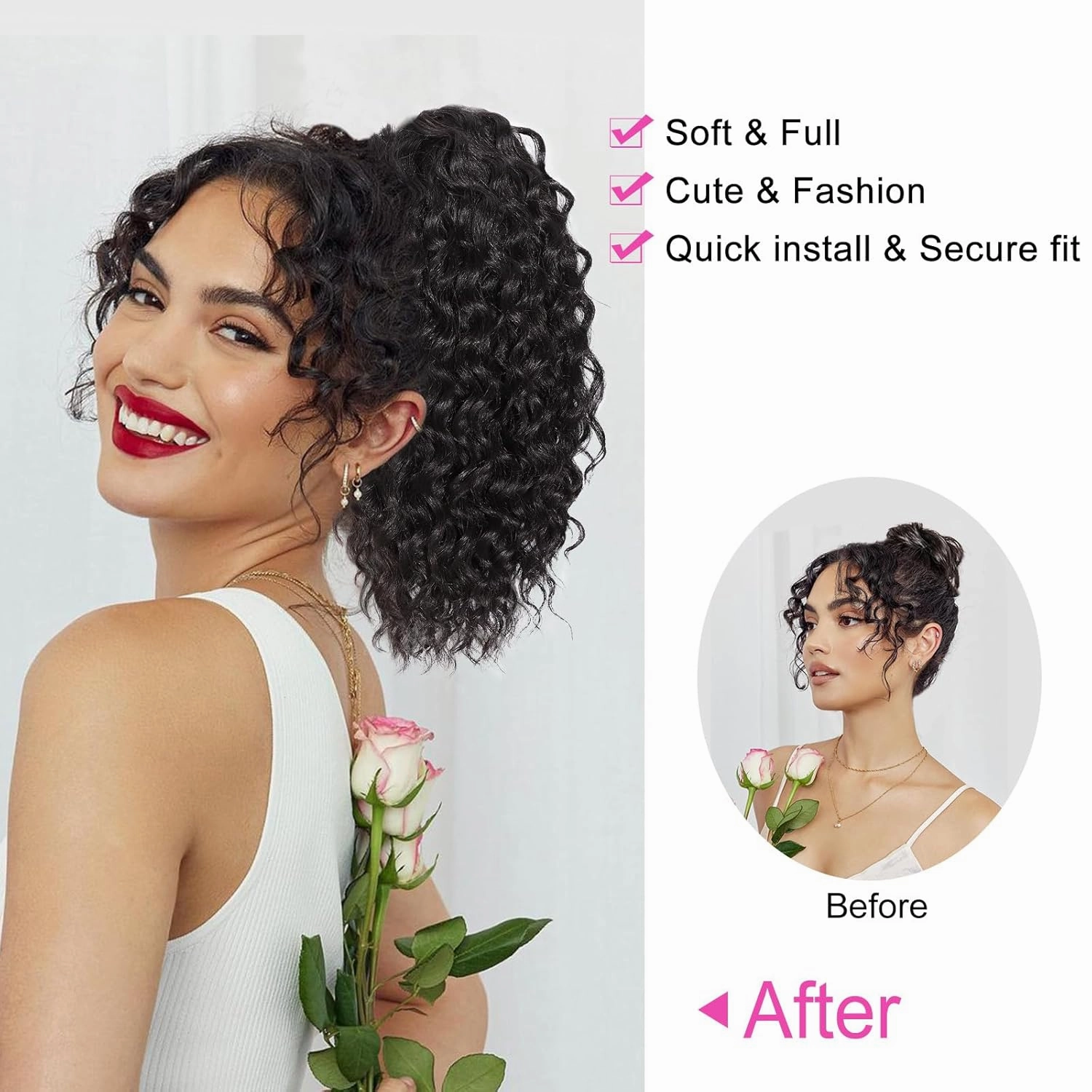 QGZ Ponytail Extension,Drawstring Ponytail for Black Women 14 Inch Synthetic Short Wavy Curly Layered Pony Tails Hair Extensions for Daily Use(Black)