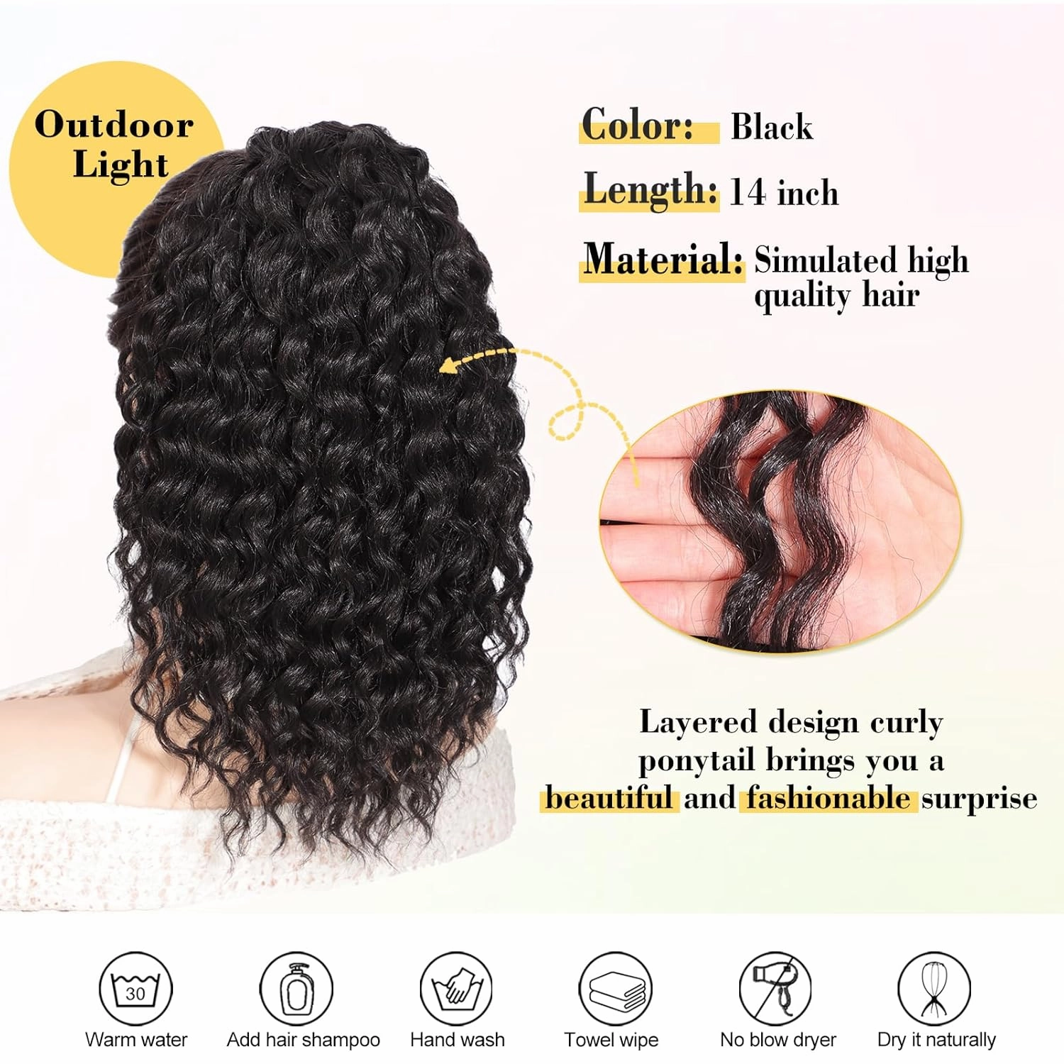 QGZ Ponytail Extension,Drawstring Ponytail for Black Women 14 Inch Synthetic Short Wavy Curly Layered Pony Tails Hair Extensions for Daily Use(Black)