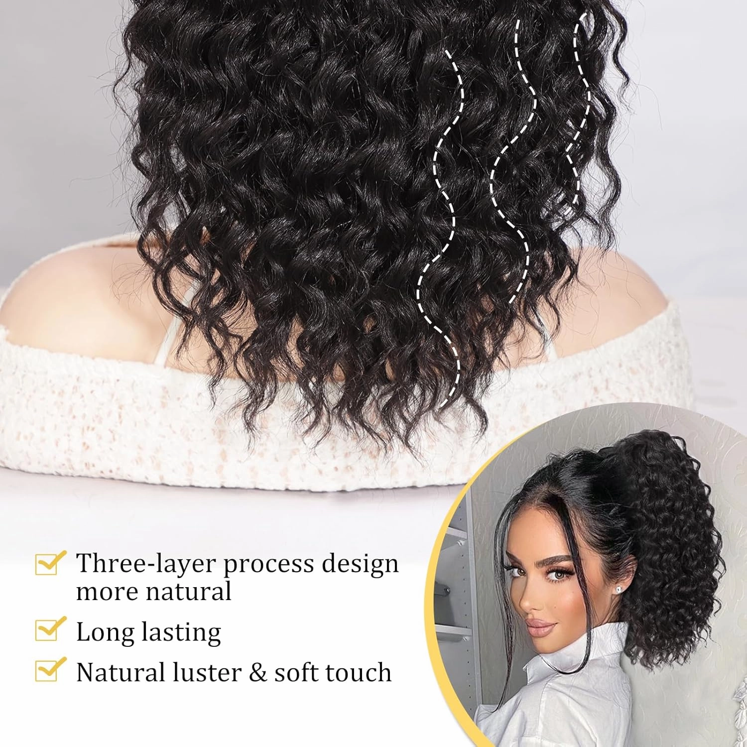 QGZ Ponytail Extension,Drawstring Ponytail for Black Women 14 Inch Synthetic Short Wavy Curly Layered Pony Tails Hair Extensions for Daily Use(Black)