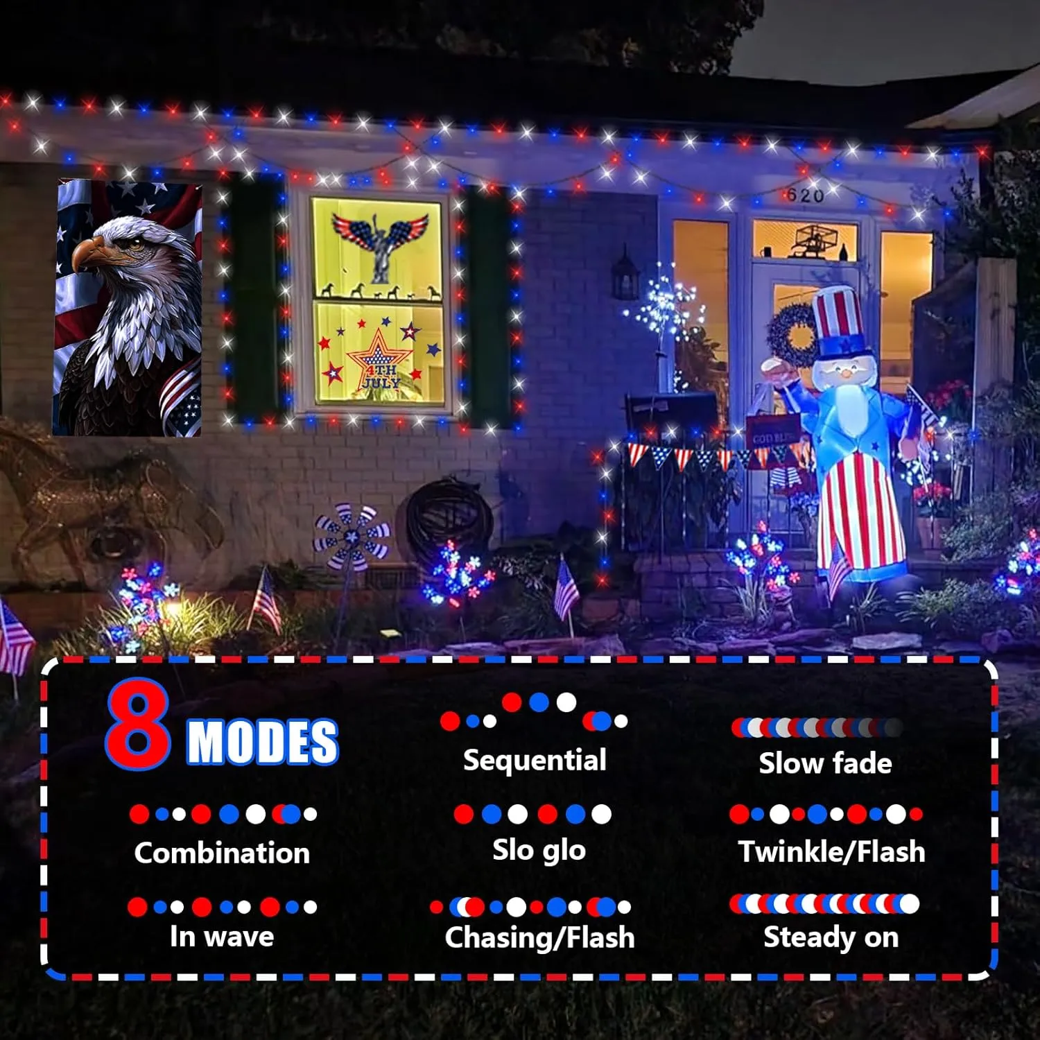 QITONG 500LED 4th of July Decorations String Lights Outdoor, 8 Modes Fourth of July Decorations Light Plug in, 165ft Patriotic Lights for Independence Day Memorial Patriotic Day Decor