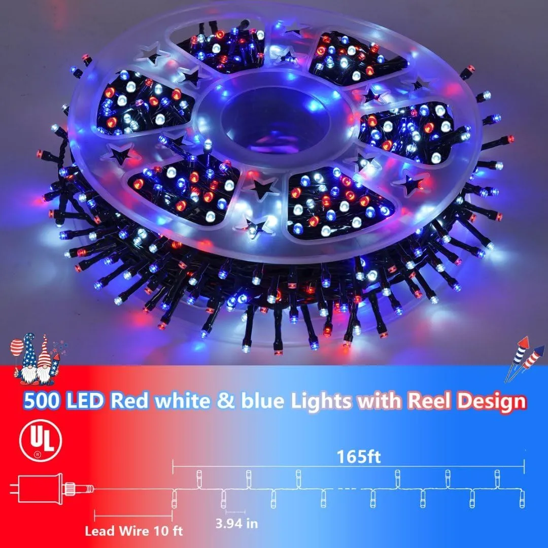 QITONG 500LED 4th of July Decorations String Lights Outdoor, 8 Modes Fourth of July Decorations Light Plug in, 165ft Patriotic Lights for Independence Day Memorial Patriotic Day Decor