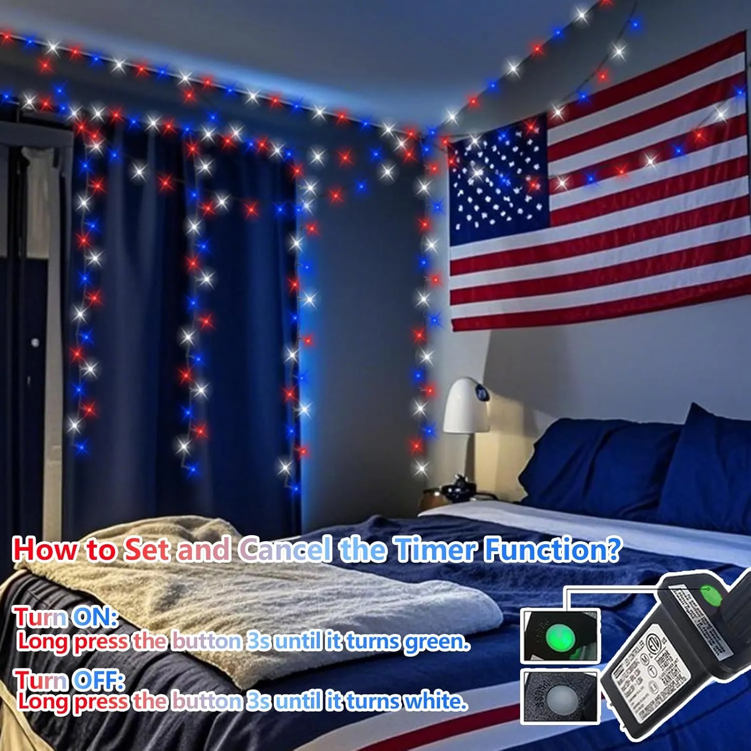 QITONG 500LED 4th of July Decorations String Lights Outdoor, 8 Modes Fourth of July Decorations Light Plug in, 165ft Patriotic Lights for Independence Day Memorial Patriotic Day Decor