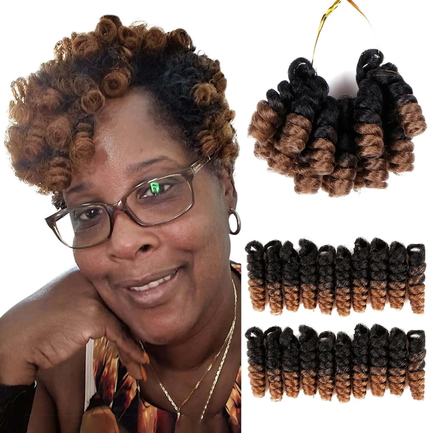 QUEENTAS 3 Packs 10 inch Short Crochet Hair for Black Women 6MM Small Wand Spiral Curl Blonde Curly Crochet Hair Extension Synthetic Jamaican Bounce Prelooped Ringlet Braids Hair(Natural Black/Blonde)