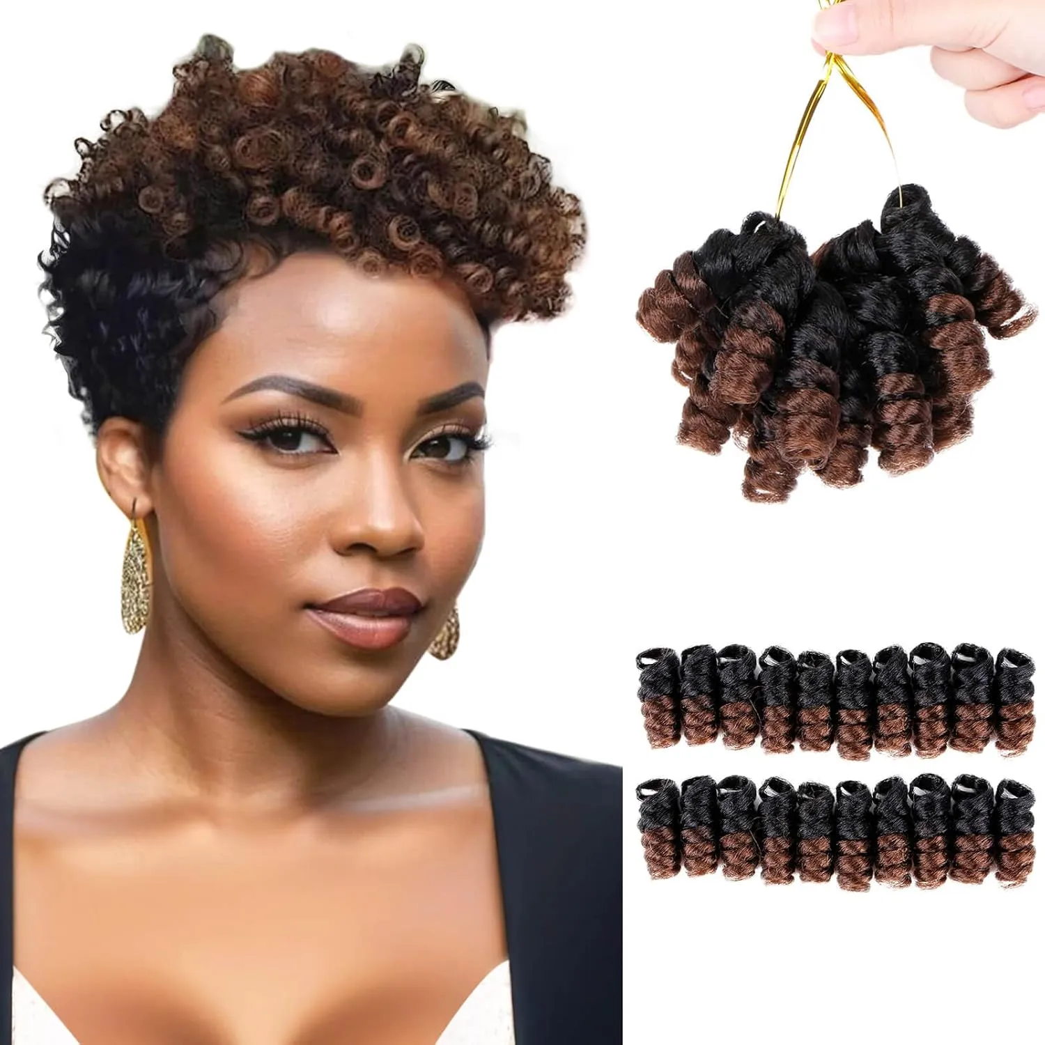 QUEENTAS Short Crochet Hair for Black Women 3 Packs 10inch Brown Jamaican Bounce Curly Crochet Synthetic Hair Extensions 6MM Small Curl Braids Prelooped Twist Wand Jerry Curl(Natural Black/Brown)
