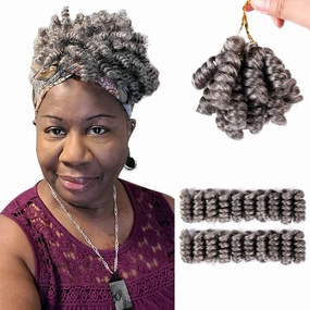 QUEENTAS 10 inch 6 Pack Grey Crochet Hair for Black Women Synthetic Afro Passion Twist Jerry Curl(8mm) Braiding Gray Jamaican Bounce Curly Crochet Hair Extensions(Natural Black Mixed Grey)
