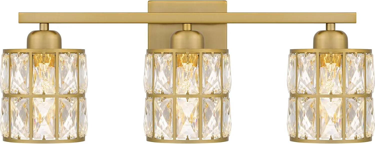 Quoizel Gibson Bath Vanity Lights, 21 Inch 3-Light Aged Brass Bathroom Lighting Fixtures Over Mirror, Clear Beveled Crystal Shade, Contemporary Wall Mount Light for Bathrooms, Kitchen or Hallway