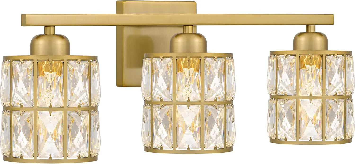 Quoizel Gibson Bath Vanity Lights, 21 Inch 3-Light Aged Brass Bathroom Lighting Fixtures Over Mirror, Clear Beveled Crystal Shade, Contemporary Wall Mount Light for Bathrooms, Kitchen or Hallway