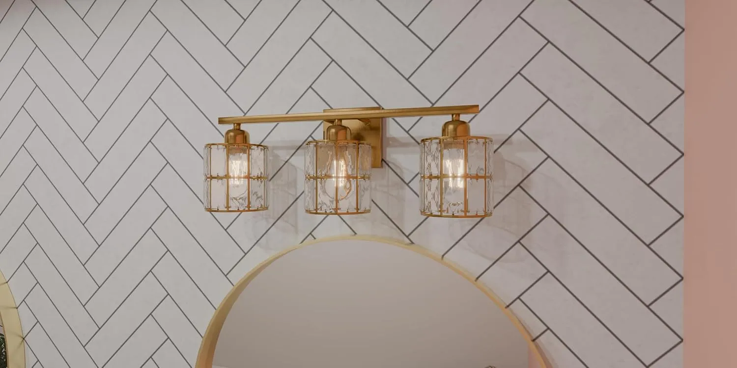 Quoizel Gibson Bath Vanity Lights, 21 Inch 3-Light Aged Brass Bathroom Lighting Fixtures Over Mirror, Clear Beveled Crystal Shade, Contemporary Wall Mount Light for Bathrooms, Kitchen or Hallway
