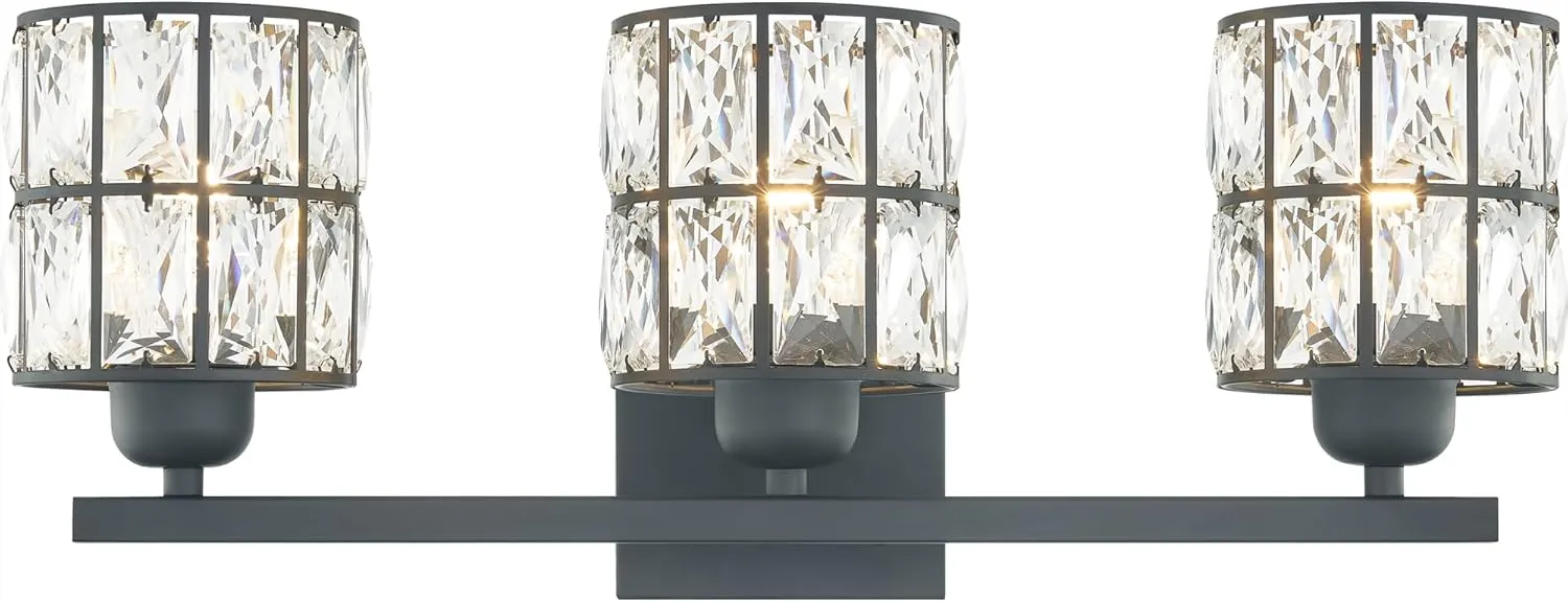 Quoizel Gibson Bath Vanity Lights, 21 Inch 3-Light Matte Black Bathroom Lighting Fixtures Over Mirror, Clear Beveled Crystal Shade, Contemporary Wall Mount Light for Bathrooms, Kitchen or Hallway
