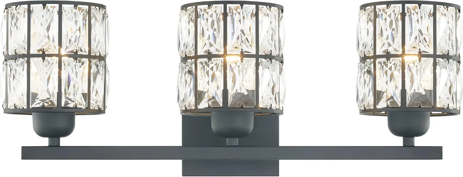 Quoizel Gibson Bath Vanity Lights, 21 Inch 3-Light Matte Black Bathroom Lighting Fixtures Over Mirror, Clear Beveled Crystal Shade, Contemporary Wall Mount Light for Bathrooms, Kitchen or Hallway