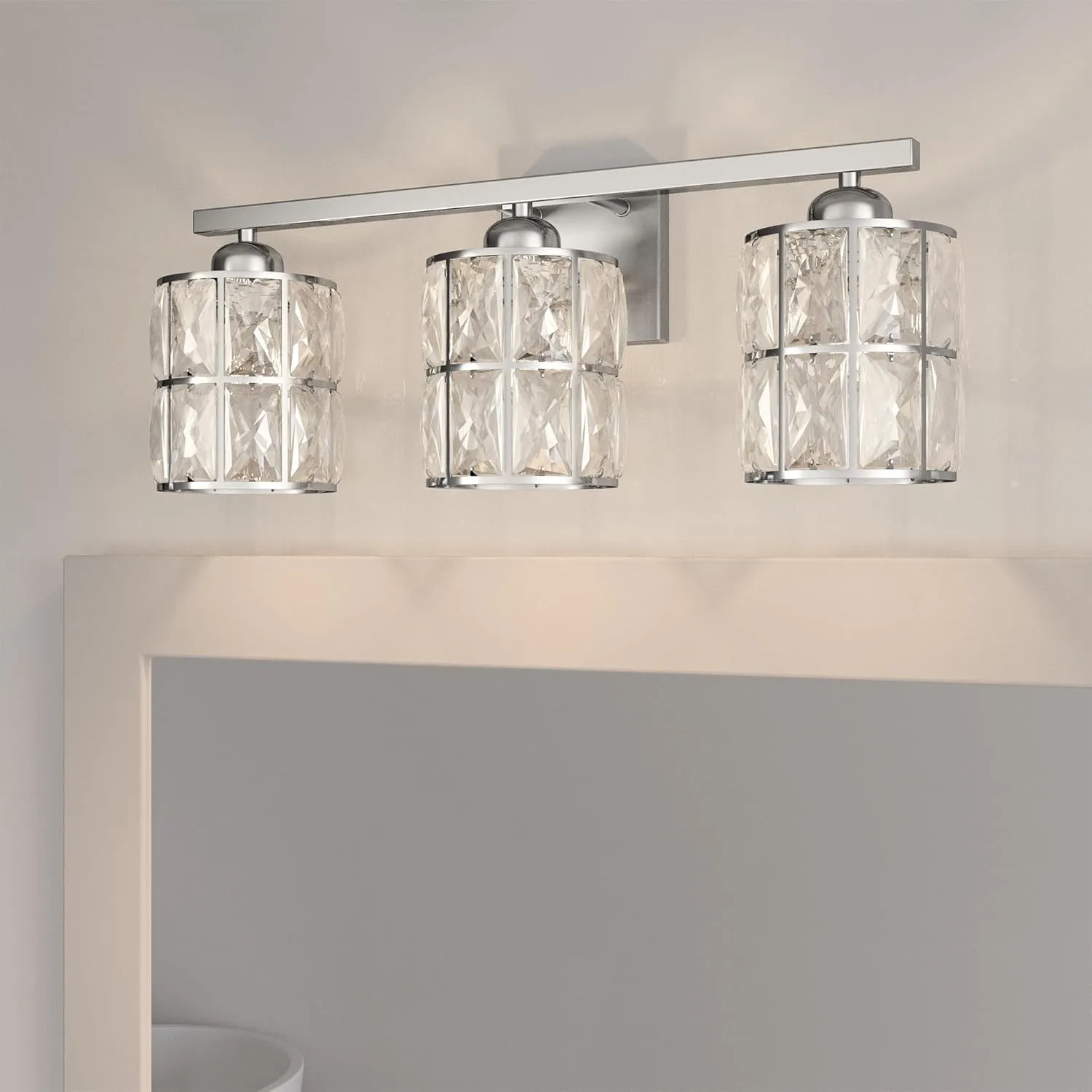 Quoizel Gibson Bath Vanity Lights, 21 Inch 3-Light Polished Chrome Bathroom Lighting Fixtures Over Mirror, Clear Beveled Crystal Shade, Contemporary Wall Mount Light for Bathrooms, Kitchen or Hallway