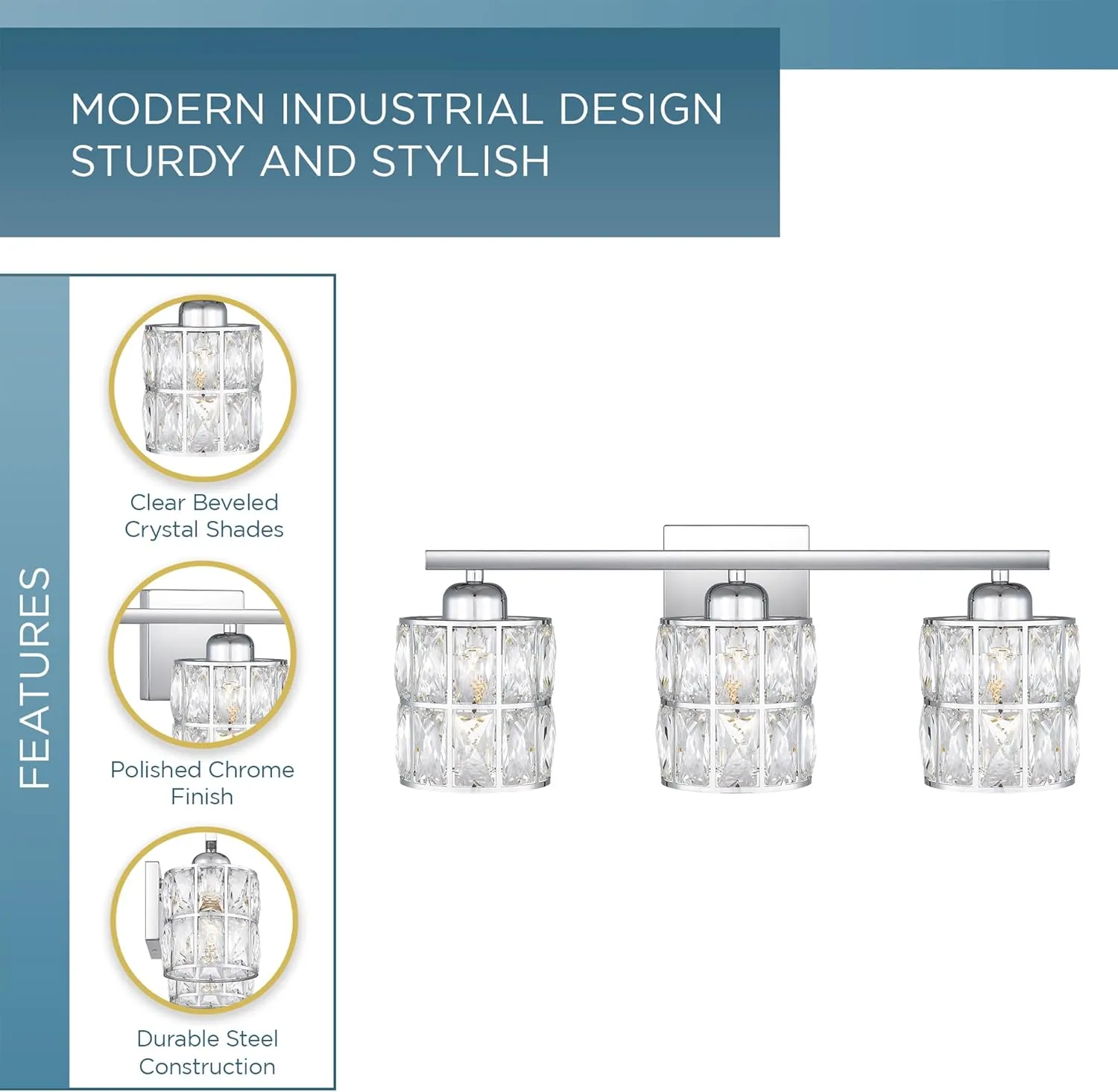 Quoizel Gibson Bath Vanity Lights, 21 Inch 3-Light Polished Chrome Bathroom Lighting Fixtures Over Mirror, Clear Beveled Crystal Shade, Contemporary Wall Mount Light for Bathrooms, Kitchen or Hallway
