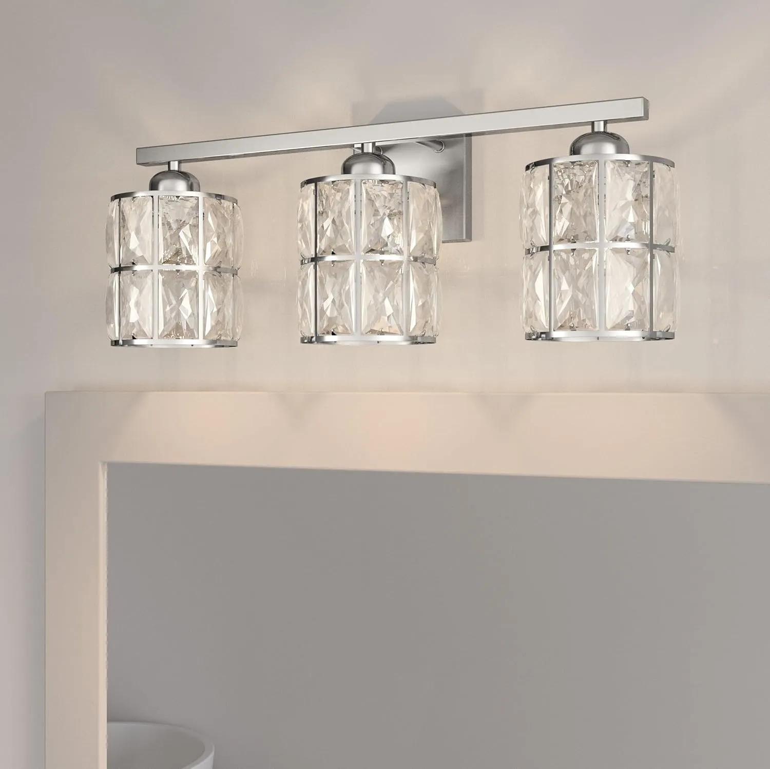 Quoizel Gibson Bath Vanity Lights, 21 Inch 3-Light Polished Chrome Bathroom Lighting Fixtures Over Mirror, Clear Beveled Crystal Shade, Contemporary Wall Mount Light for Bathrooms, Kitchen or Hallway