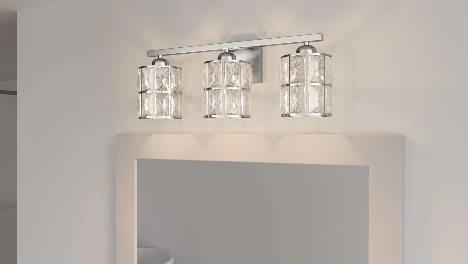 Quoizel Gibson Bath Vanity Lights, 21 Inch 3-Light Polished Chrome Bathroom Lighting Fixtures Over Mirror, Clear Beveled Crystal Shade, Contemporary Wall Mount Light for Bathrooms, Kitchen or Hallway